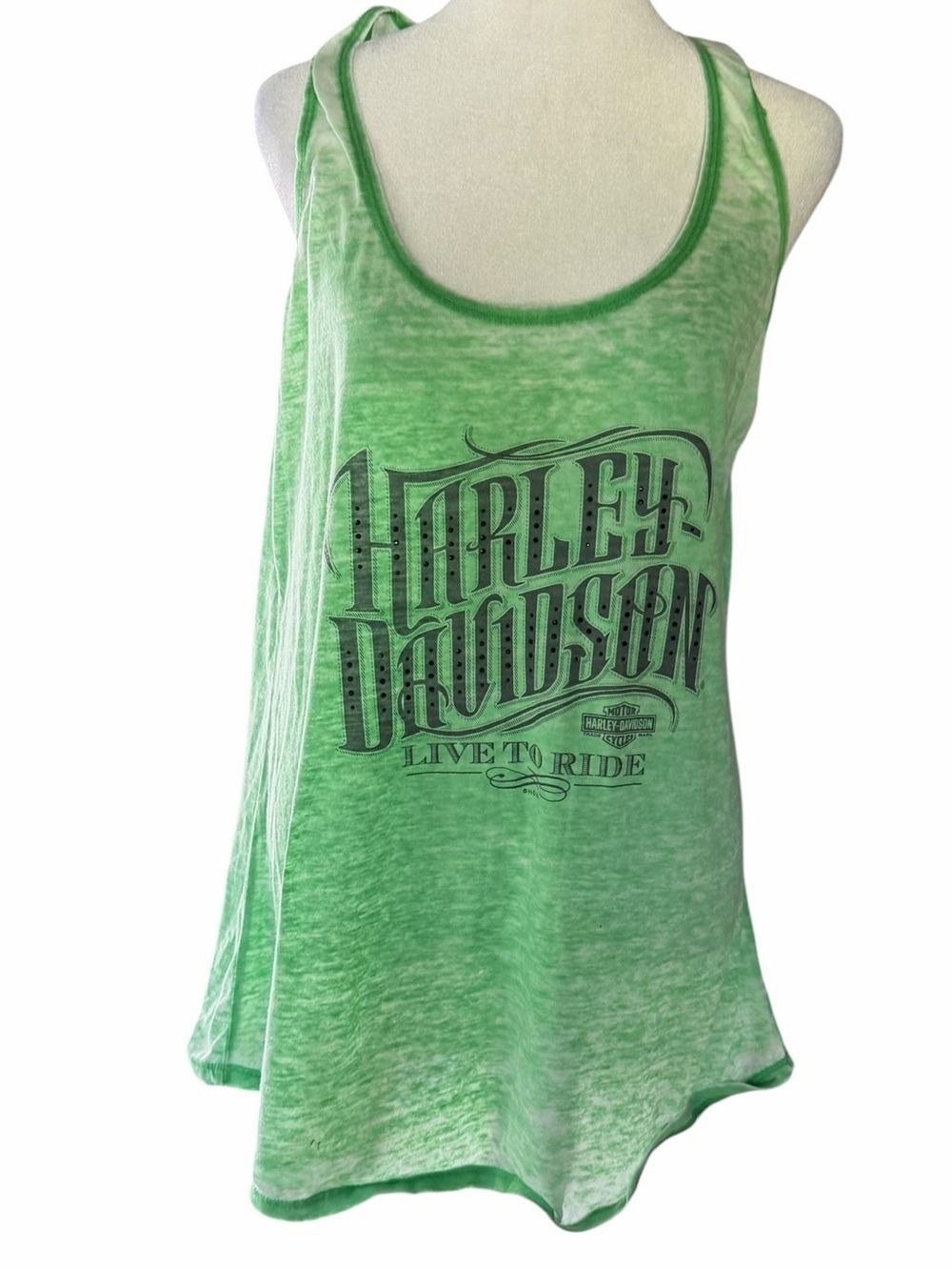 Harley Davidson Racerback Tank Top Burnout Heather Green Curved Hem Jamaica XL